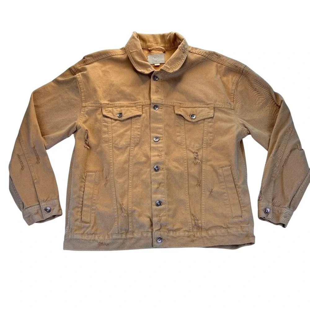 Cotton On 91 Men's Distressed Denim Trucker Jacket Tan Khaki XL Ripped Outerwear